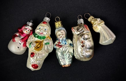Lot of 5 Retro Style Glass Christmas Ornaments