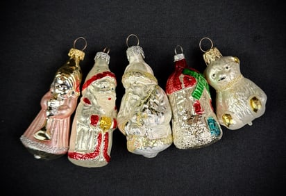 Lot of 5 Retro Style Glass Christmas Ornaments