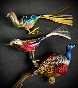Set of 3 Retro Style Glass Bird Ornaments