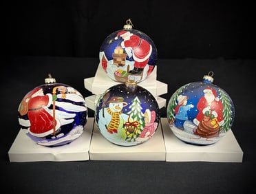 Four Hand-Painted Glass Christmas Ornaments