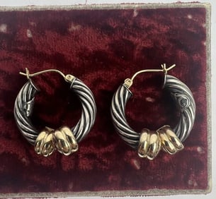 David Yurman Style Sterling 14k Gold Hoop Earrings