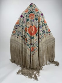 Antique Chinese Embroidered Silk Piano Shawl
