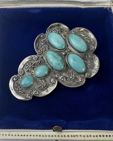 Antique Chinese Silver & Cabochon Brooch Clip
