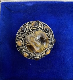 Estate Chinese Silver & Tiger's Eye Brooch Pin