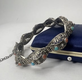 Antique Chinese Silver Turquoise & Coral Bracelet