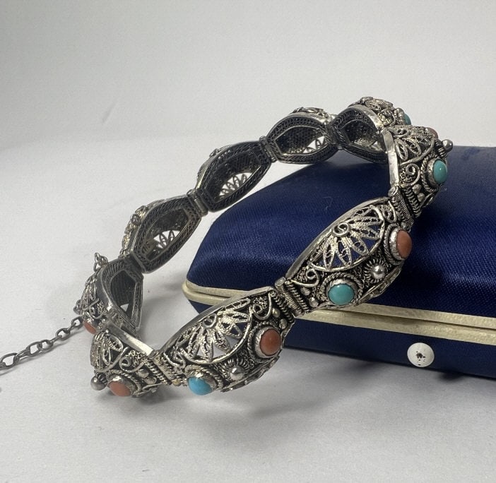 Antique Chinese Silver Turquoise & Coral Bracelet (1 of 7)