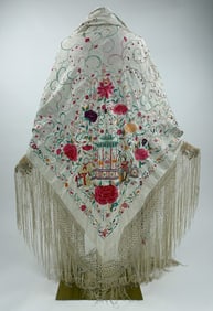 Antique Chinese Embroidered Silk Piano Shawl