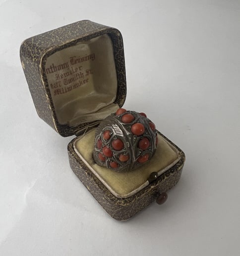 Antique Chinese Silver & Cabochon Coral Bombe Ring: Antique Chinese Silver & Cabochon Coral Bombe Ring. Set with coral cabochons in slightly varying shades. Ring size approximately 9. This lot is apart of a lifetime collection of Chinese export silver,