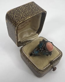 Estate Chinese Silver Coral Enamel Butterfly Ring