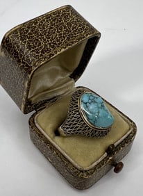 Antique Chinese Silver Filigree & Turquoise Ring