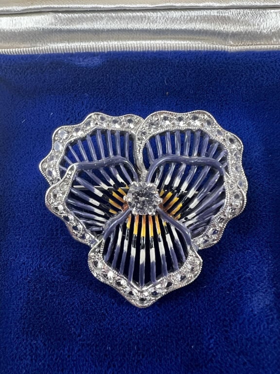 Antique Rhodium Plated Paste & Enamel Pansy Brooch (1 of 6)