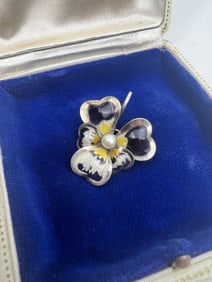 Antique Sterling Enamel & Pearl Pansy Pendant