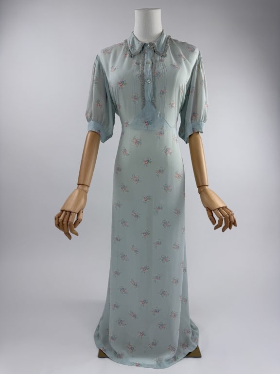 Vintage 1930s Blue Floral Silk Blend Slip Dress: Vintage 1930s Blue Floral Silk Blend Slip Dress Deco Night Gown. Dagger collar with lace details and button neck closure. Slides over head and ties at waist with ribbon. Good vintage condition with li