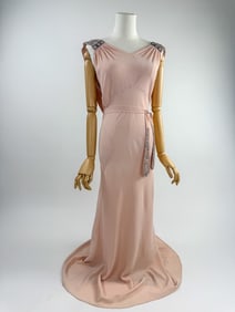 Vintage 1930s Pink Crepe Deco Beaded Evening Gown