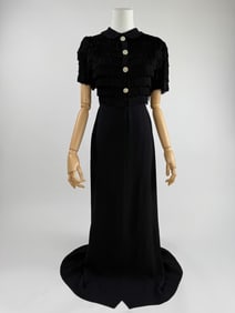 Vintage 1930s Black Fringe Crepe Deco Evening Gown