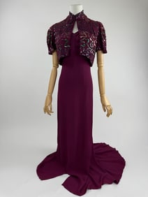 Vintage 1940s Maroon Crepe Sequin Evening Gown Set