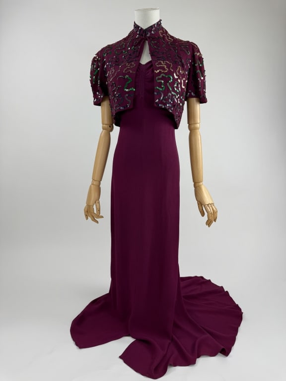 Vintage 1940s Maroon Crepe Sequin Evening Gown Set (1 of 18)