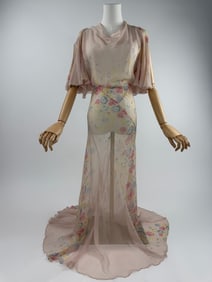 Vintage 1930s Deco Pink Floral Silk Chiffon Gown