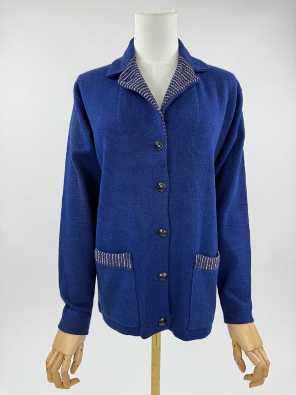 Antique 1920s Blue Wool Deco Knit Cardigan Sweater (1 of 7)