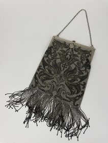 Antique 1920s Micro Steel Cut Bead Purse w Fringe