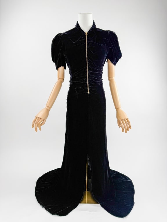 Vintage 1930s Silk Velvet Zip Front Evening Gown (1 of 10)