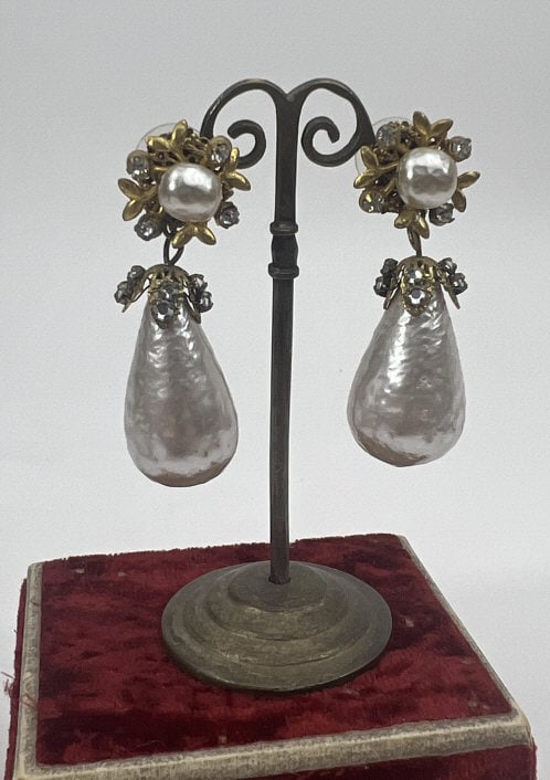 Miriam Haskell Vintage Costume Jewelry Earrings: Miriam Haskell Vintage Costume Jewelry Earrings. Pair of faux pearl, rhinestone and gilt metal vintage costume jewelry earrings by American designer Miriam Haskell. Converted to pierced, signed. Each