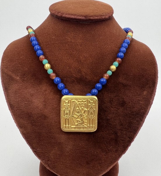 Vintage KJL Kenneth Jay Lane Egyptian Necklace: Vintage KJL Kenneth Jay Lane Egyptian Necklace. Gilt metal and beaded necklace by American designer Kenneth Jay Lane, signed on back. Measures 16 inches in length.