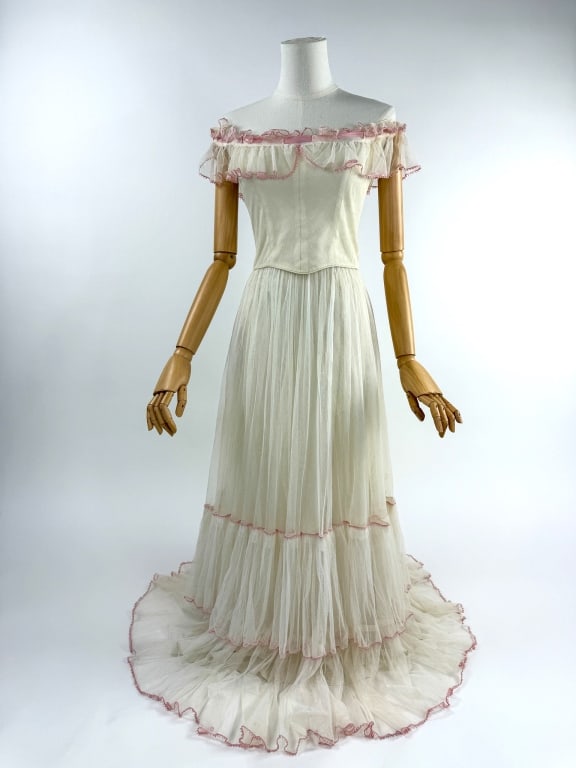 Vintage 1940s White Net Pink Ribbon 2 Pc Skirt Set (1 of 10)