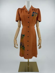 Vintage 1940s Rust Rayon Hawaiian Shirt Dress