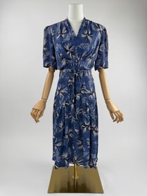 Vintage 1940s Blue Floral Print Crepe Day Dress