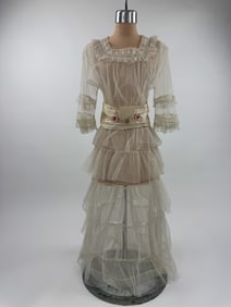 Antique 1900s White Net Ribbon Work Ruffle Gown