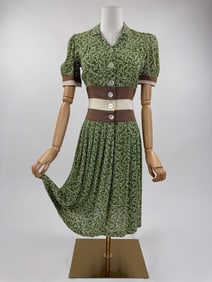 Vintage 1930s Green Crepe Short Sleeve Day Dress