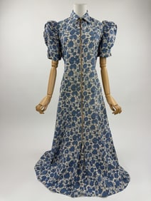 Vintage 1930s Blue Floral Zip Front House Dress
