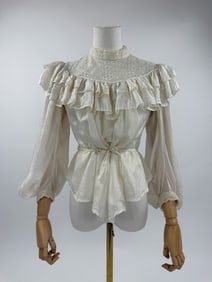 Antique 1900s White Silk Lace Ruffle Shirt Blouse