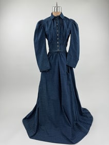 Antique 1900s Blue Check Cotton Calico Work Dress