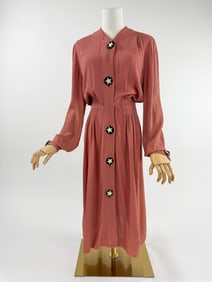 Vintage 1930s Pink Crepe Star Button Day Dress