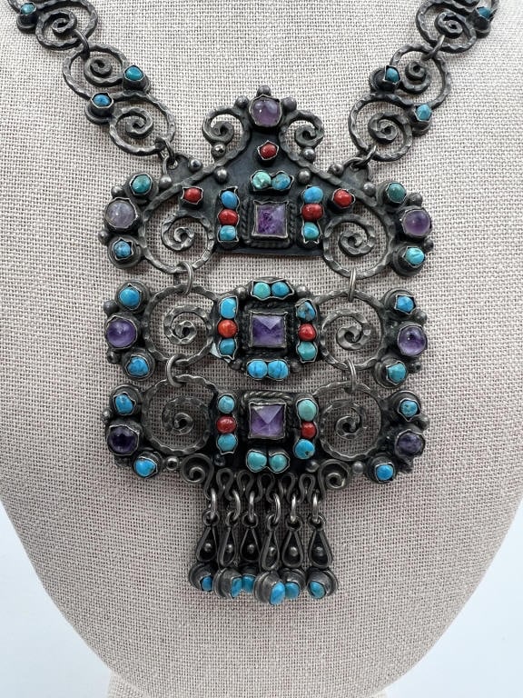 MATL M Regis Ricardo Salas Sterling Necklace: MATL M Regis Ricardo Salas Sterling Necklace. Vintage sterling silver necklace, unsigned but manner of / attributed to " MATL M Regis Ricardo Salas " by style and materials. Articulated panel necklace