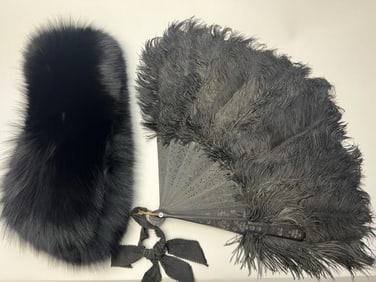 Antique Black Feather Fan & Black Fur Collar