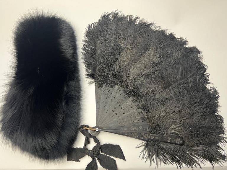 Antique Black Feather Fan & Black Fur Collar (1 of 11)