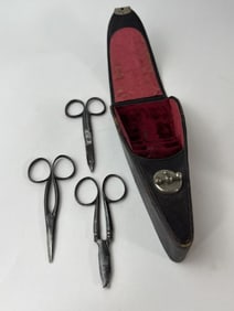 Antique Leather & Velvet Boxed Set Sewing Scissors