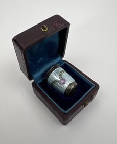 Antique Silver & Guilloche Enamel Thimble in Case