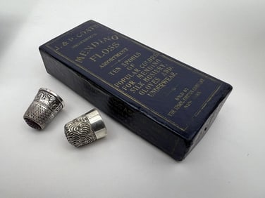 Antique Box Sewing Thread & Two Sterling Thimbles