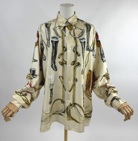 Vintage 1980s Hermes Silk Boot Pattern Blouse