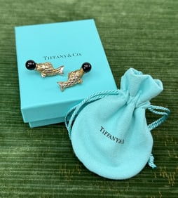 Vintage Tiffany & Co Sterling & Onyx Fish Earrings