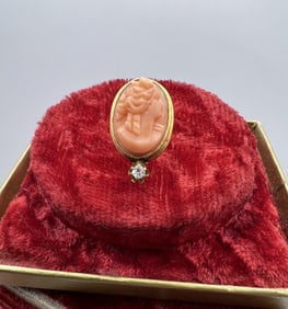 Antique 14kt Yellow Gold Coral Diamond Brooch Pin