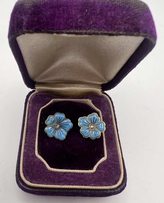 Antique 14kt Gold Enamel & Diamond Pansy Earrings (1 of 7)