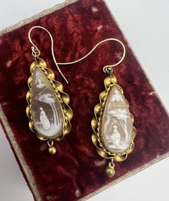Pair Antique 19th C 14kt Gold Cameo Gold Earrings