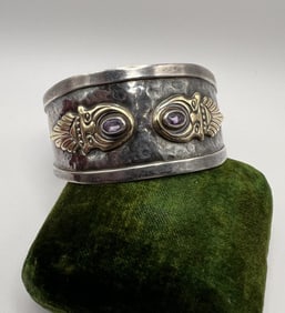 Estate Sterling & Gold Mayan Aztec Cuff Bracelet
