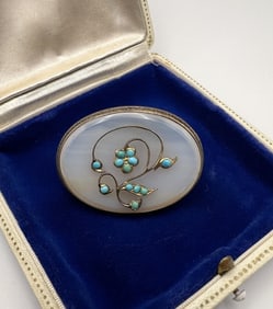 Antique 19th C 10kt Gold Chalcedony Turquoise Pin
