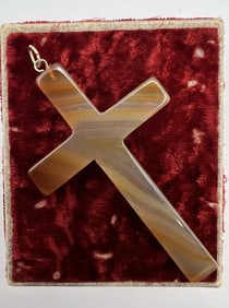Antique 19th C Victorian 10k & Agate Cross Pendant